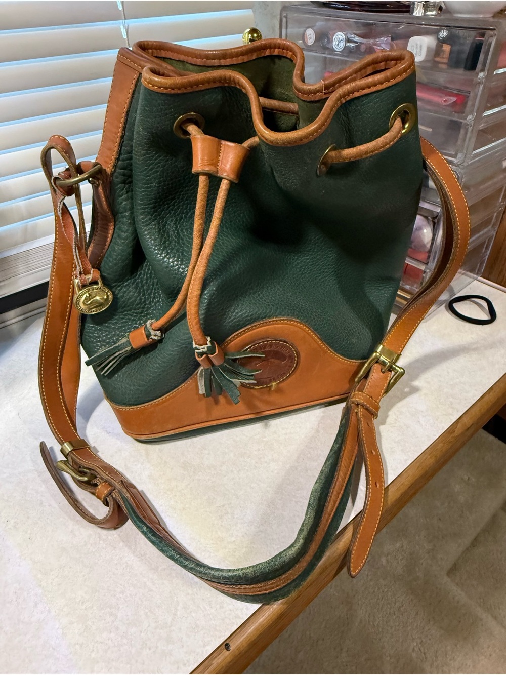 Dooney & Bourke Green and Tan Leather Drawstring Bucket Bag